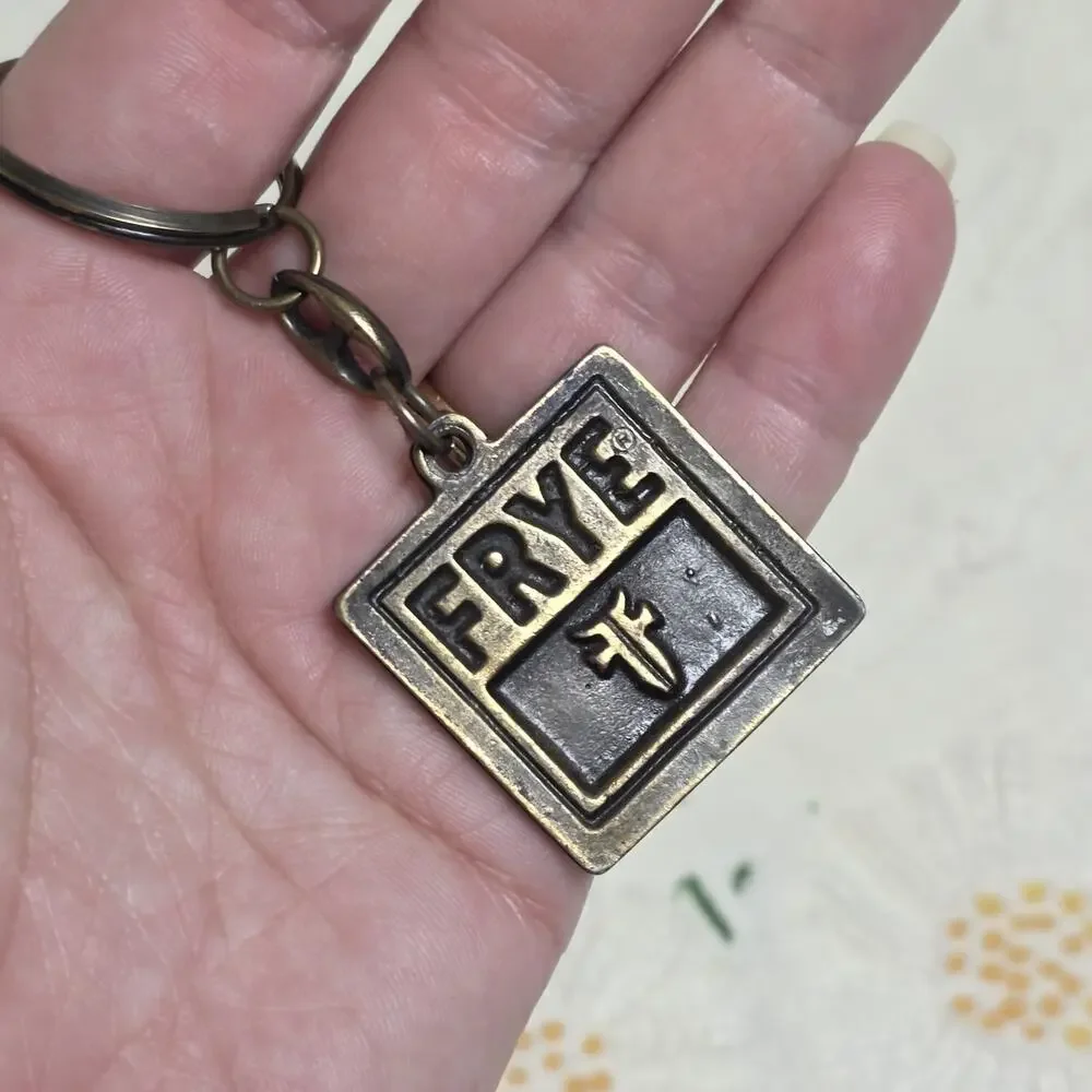 Frye Logo Metal Keychain Key Ring Bronze Tone Square Western Leather Brand